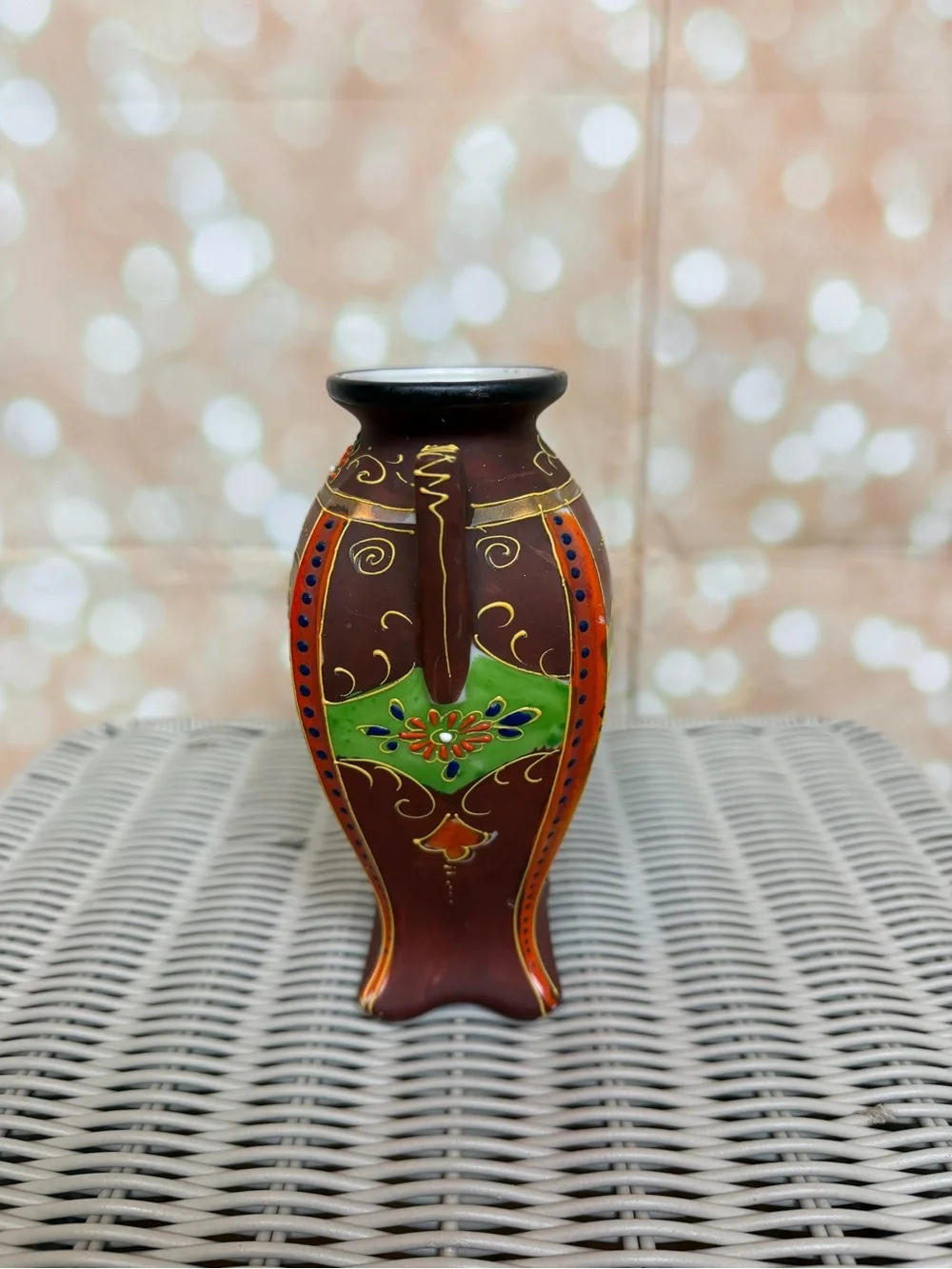 Vintage Japanese Kutani Satsuma Moriage Art Nouveau Handled Vase  Japan 6.25